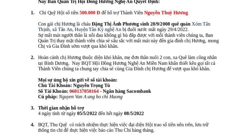 Hội Đồng Hương Nghệ An Miền Nam kêu gọi hỗ trợ giúp thành viên Nguyễn Thuỳ Hương có con mất vì đuối nước tại Tân Kỳ 